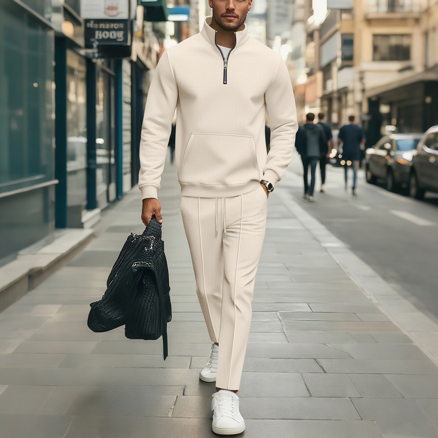 Waffle-pattern Solid-color Stand-up Collar Pocket Half-zip Long-sleeve Hoodie And Pants Set