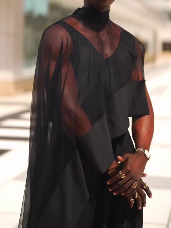 Black Mesh Irregular Hem Wide-leg Pants Suit