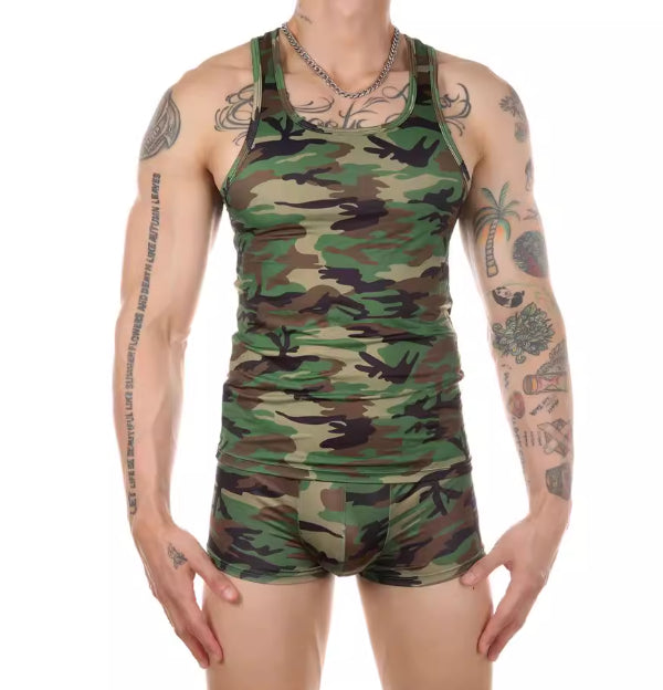 Men's Fitness Exercise Camouflage I-shaped Vest Boxers Suit