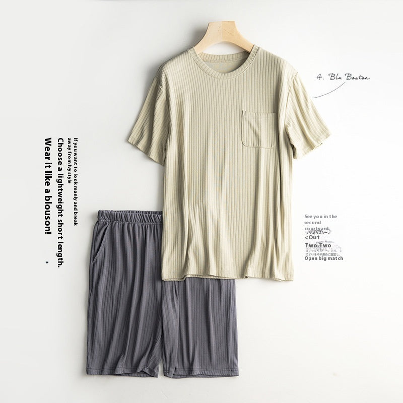 Men's Home Wear Thin Summer T-shirt Half Sleeve Shorts Suit Skin-friendly
