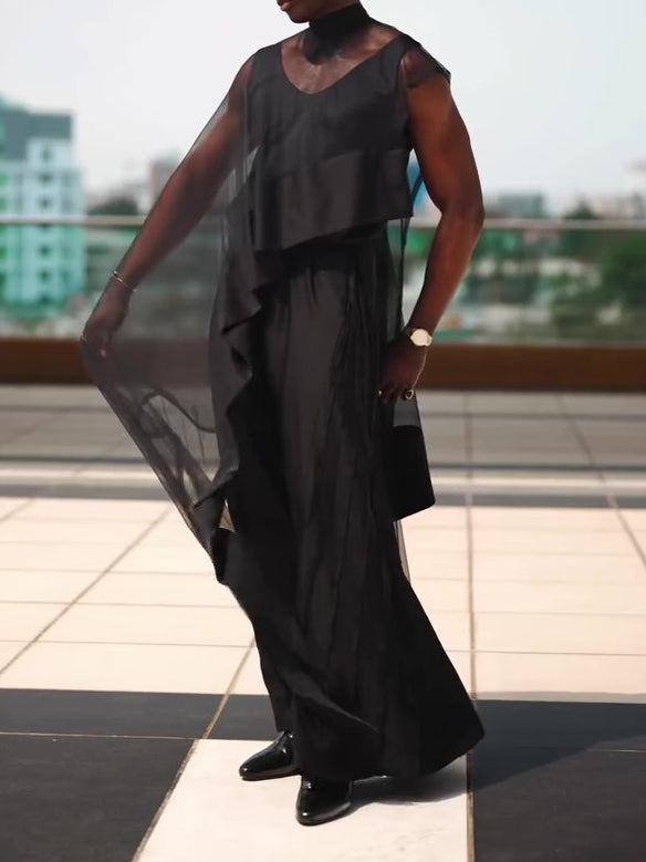 Black Mesh Irregular Hem Wide-leg Pants Suit