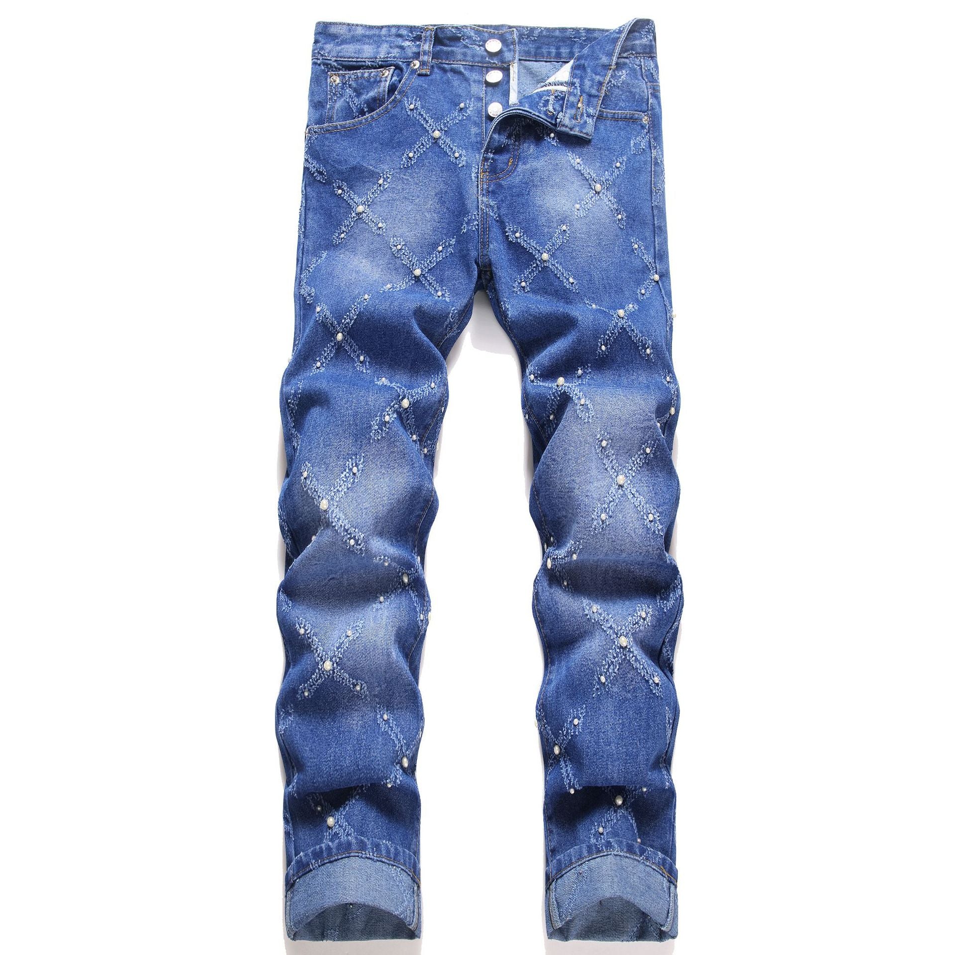 Pearl Embroidery Street Trendy Fashion Denim Skinny Pants