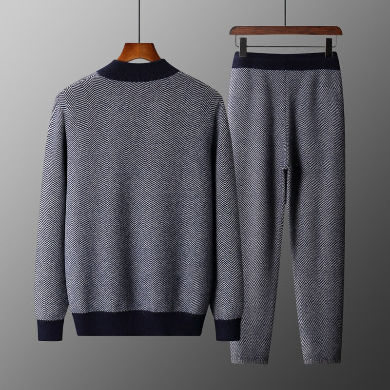 Mens Winter Pure Wool Sweater Half-Neck Zip-Up Cardigan With Thicker Outer Layer