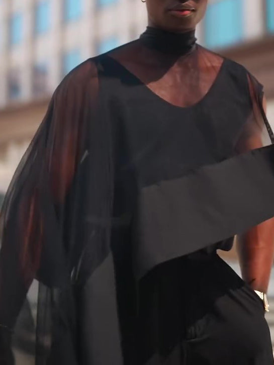 Black Mesh Irregular Hem Wide-leg Pants Suit