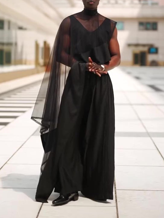 Black Mesh Irregular Hem Wide-leg Pants Suit