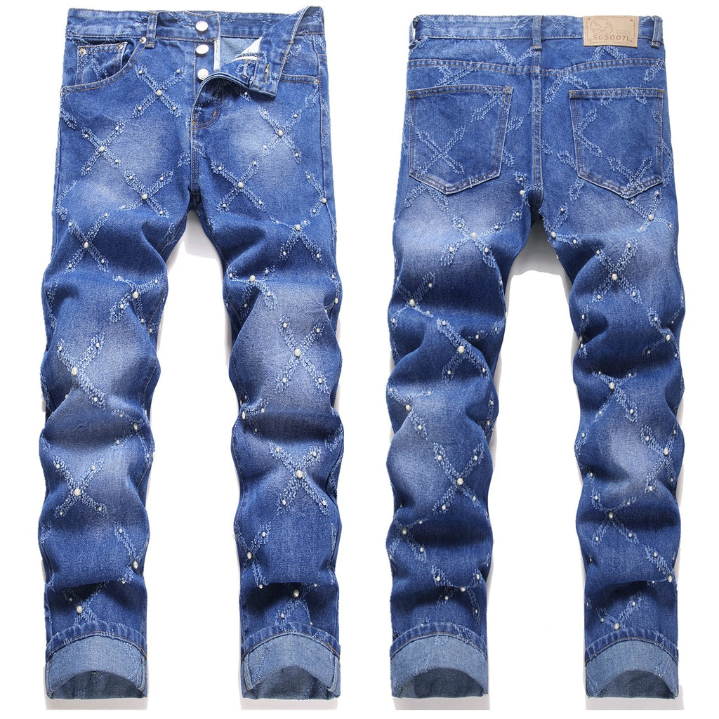 Pearl Embroidery Street Trendy Fashion Denim Skinny Pants