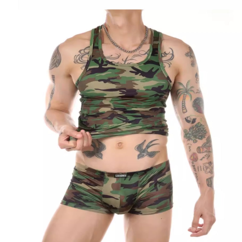 Men's Fitness Exercise Camouflage I-shaped Vest Boxers Suit