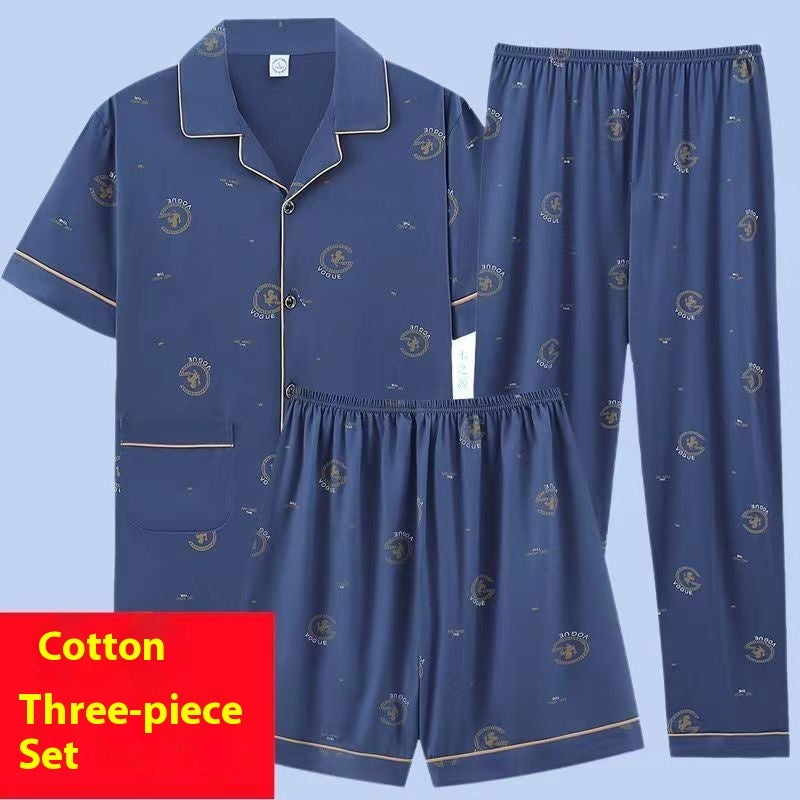 Men's Pajamas Summer Cotton Short Sleeve Trousers Three-piece Set
