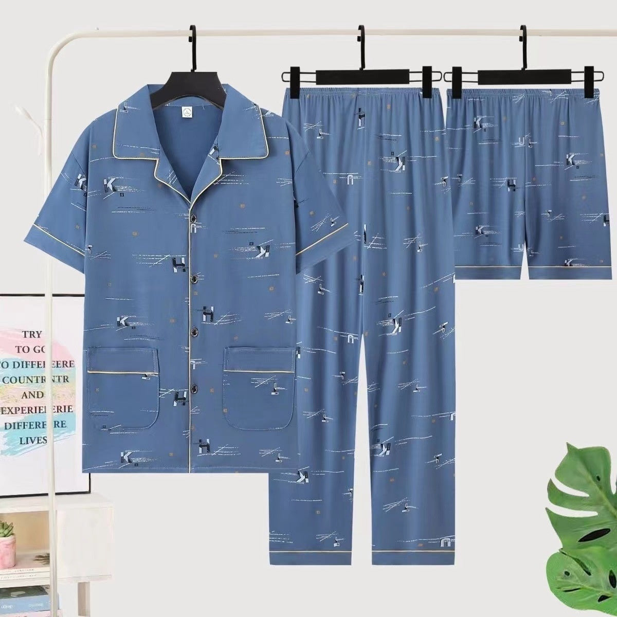 Men's Pajamas Short-sleeved Three-piece Suit