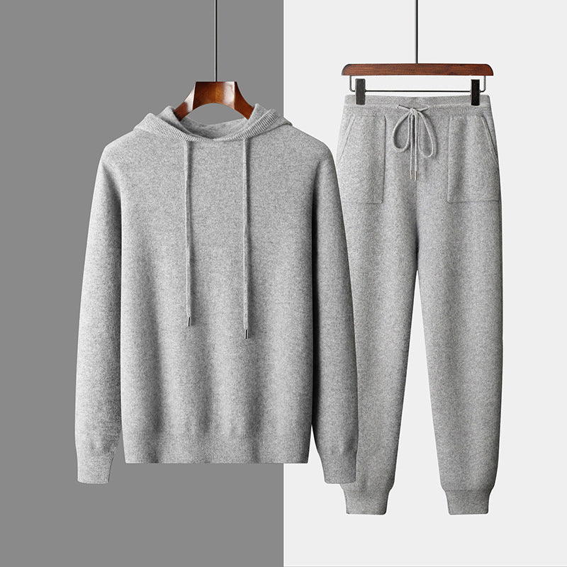 Men's Solid Color Casual Hooded Knitted Sweatshirt Long Pants Set