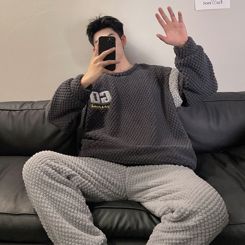 Plush Pajamas Men's Winter Warm Leisure Flannel Suit