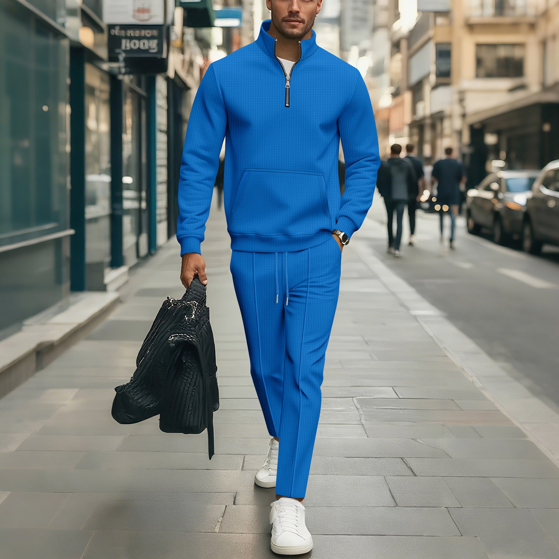 Waffle-pattern Solid-color Stand-up Collar Pocket Half-zip Long-sleeve Hoodie And Pants Set