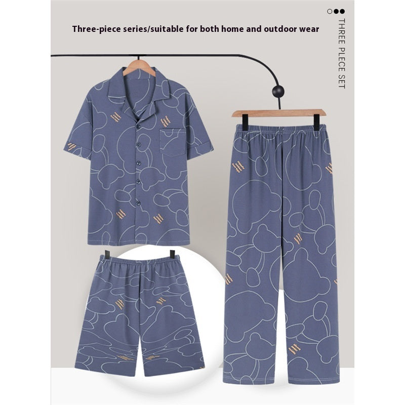 Men's Pajamas Summer Cotton Short Sleeve Trousers Three-piece Set