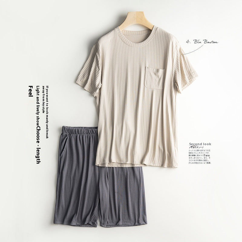 Men's Home Wear Thin Summer T-shirt Half Sleeve Shorts Suit Skin-friendly