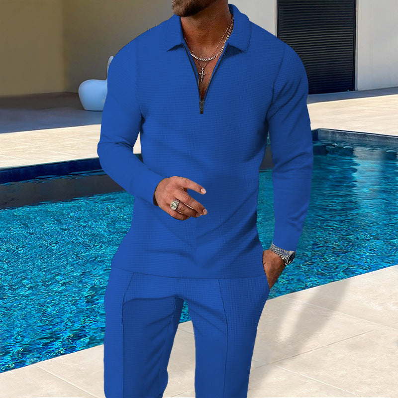 Men's Solid-Colored Waffle-Texture Top With Zipper And Lapel Plus Long Pants All-Season Casual Suit