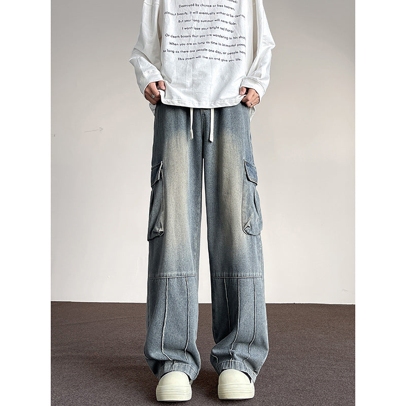 Washed Vintage Denim Men's Versatile Wide-Leg Multi-Pocket Casual Pants