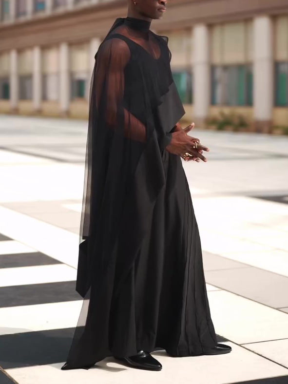 Black Mesh Irregular Hem Wide-leg Pants Suit