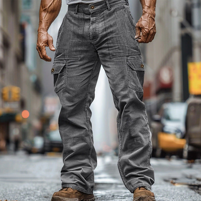 Corduroy Wear-resistant Casual Elastic Waist Multi-pocket Pure Color Comfort Men's Overalls